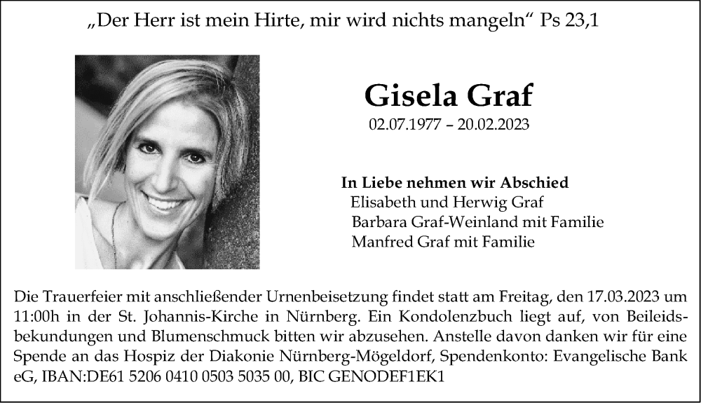  Traueranzeige für Gisela Graf vom 11.03.2023 aus Gesamtausgabe Nürnberger Nachrichten/ Nürnberger Ztg.