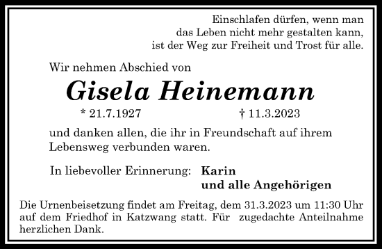 Traueranzeige von Gisela Heinemann von Gesamtausgabe Nürnberger Nachrichten/ Nürnberger Ztg.