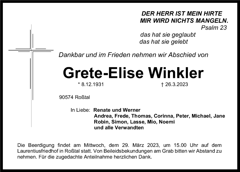  Traueranzeige für Grete-Elise Winkler vom 28.03.2023 aus Fürther Nachrichten Lokal