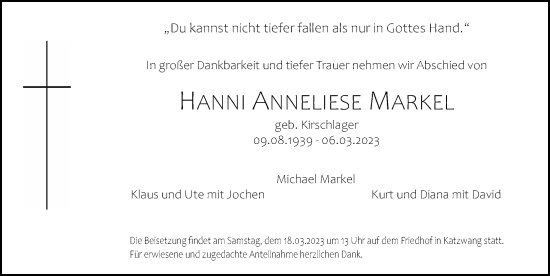 Traueranzeige von Hanni Anneliese Markel von Gesamtausgabe Nürnberger Nachrichten/ Nürnberger Ztg.