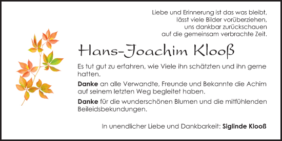 Traueranzeige von Hans-Joachim Klooß von Gesamtausgabe Nürnberger Nachrichten/ Nürnberger Ztg.