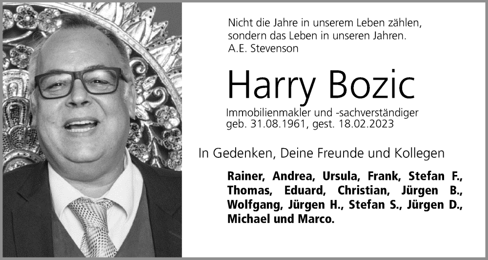  Traueranzeige für Harry Bozic vom 11.03.2023 aus Gesamtausgabe Nürnberger Nachrichten/ Nürnberger Ztg.