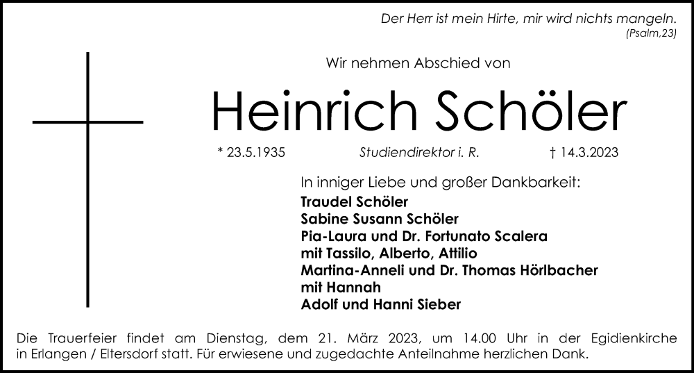  Traueranzeige für Heinrich Schöler vom 18.03.2023 aus Gesamtausgabe Nürnberger Nachrichten/ Nürnberger Ztg./ Erlanger Nachrichten