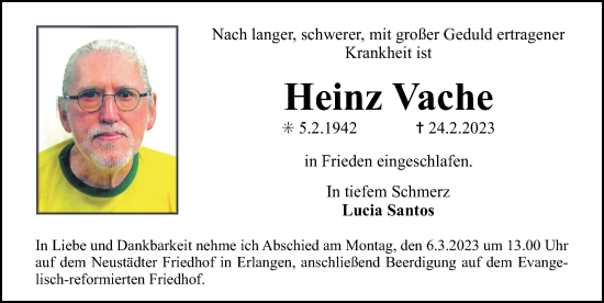 Traueranzeige von Heinz Vache von Erlanger Nachrichten Lokal