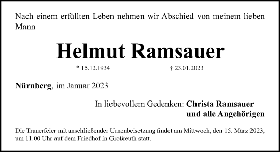 Traueranzeige von Helmut Ramsauer von Gesamtausgabe Nürnberger Nachrichten/ Nürnberger Ztg.