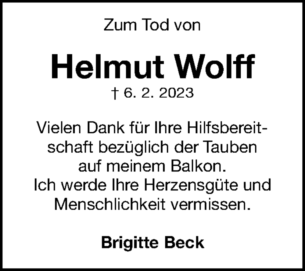  Traueranzeige für Helmut Wolff vom 04.03.2023 aus Erlanger Nachrichten Lokal
