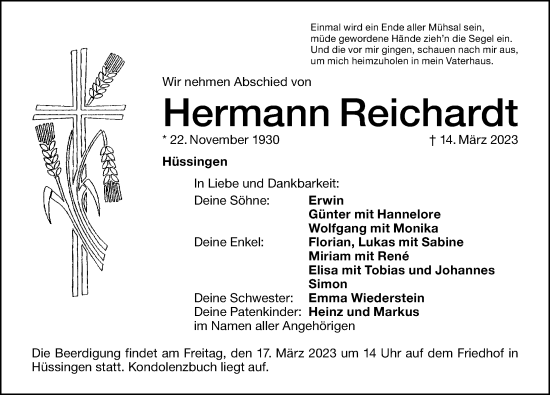 Traueranzeige von Hermann Reichardt von Altmühl-Bote Lokal