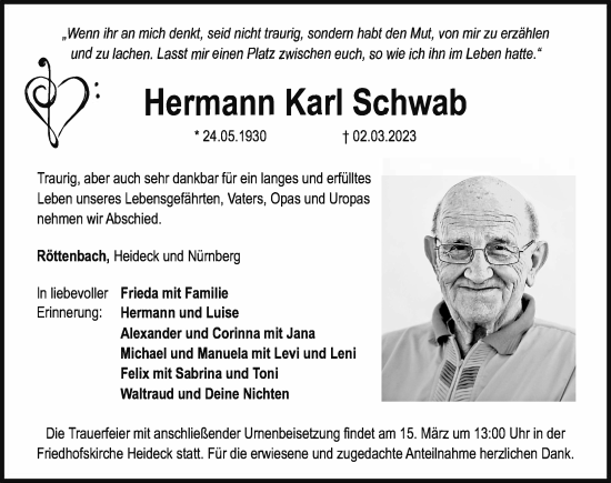 Traueranzeige von Hermann Karl Schwab von Roth-Hilpoltsteiner Volkszeitung Lokal