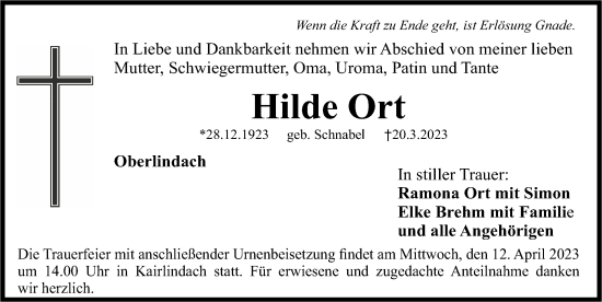 Traueranzeige von Hilde Ort von Nordbayerische Nachrichten Herzogenaurach Lokal