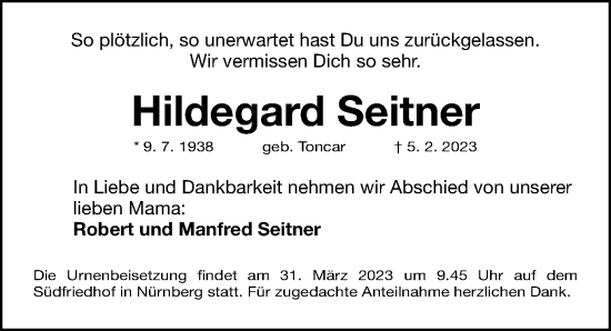 Traueranzeige von Hildegard Seitner von Gesamtausgabe Nürnberger Nachrichten/ Nürnberger Ztg.