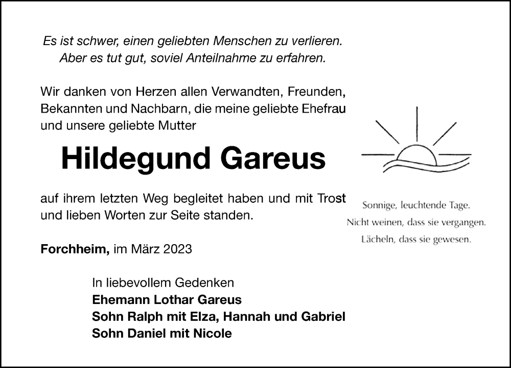 Traueranzeige für Hildegund Gareus vom 11.03.2023 aus Nordbayerische Nachrichten Forchheim Lokal