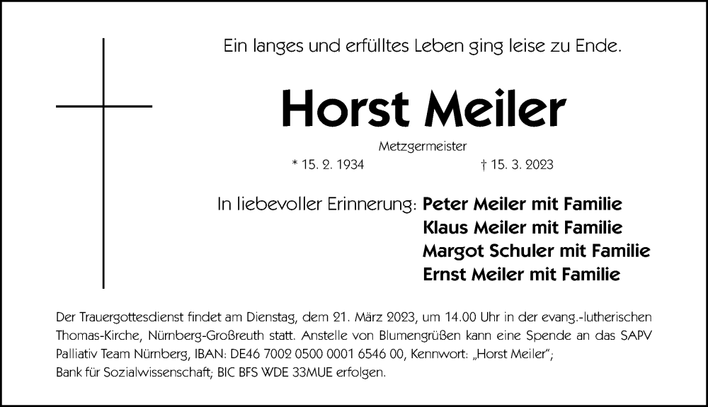  Traueranzeige für Horst Meiler vom 18.03.2023 aus Gesamtausgabe Nürnberger Nachrichten/ Nürnberger Ztg.