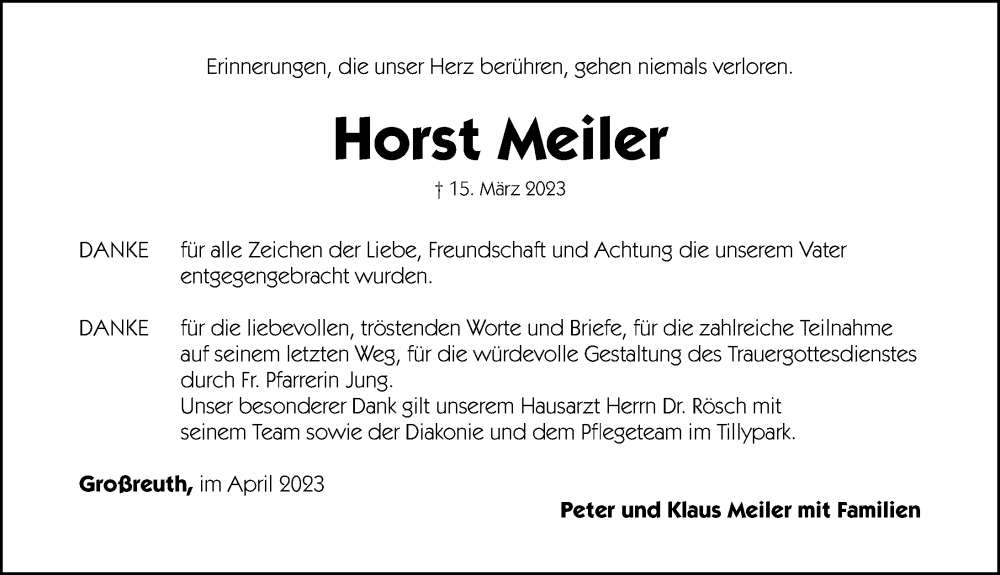  Traueranzeige für Horst Meiler vom 01.04.2023 aus Gesamtausgabe Nürnberger Nachrichten/ Nürnberger Ztg.