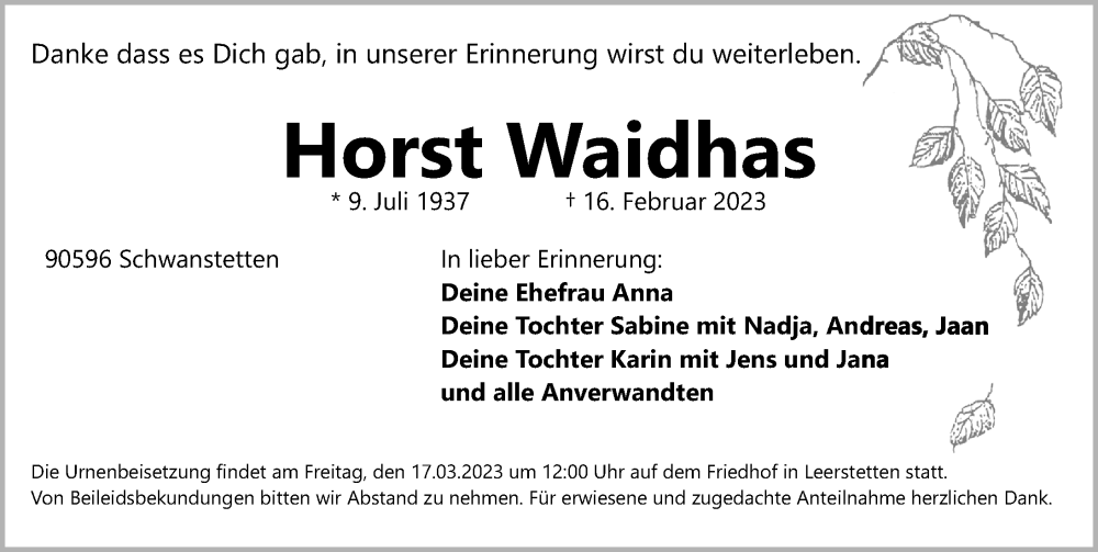  Traueranzeige für Horst Waidhas vom 11.03.2023 aus Schwabacher Tagblatt Lokal