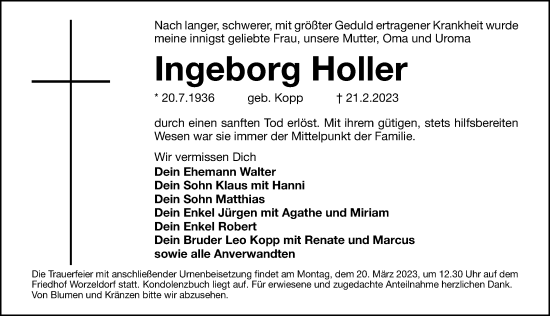 Traueranzeige von Ingeborg Holler von Gesamtausgabe Nürnberger Nachrichten/ Nürnberger Ztg.