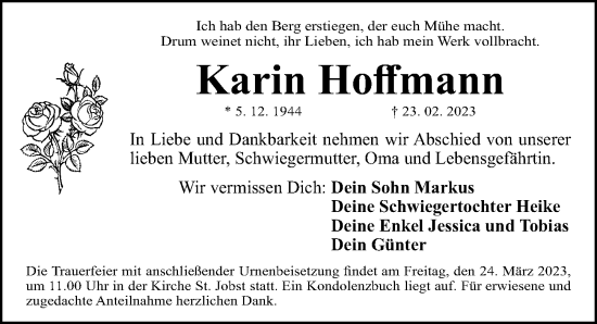 Traueranzeige von Karin Hoffmann von Gesamtausgabe Nürnberger Nachrichten/ Nürnberger Ztg.