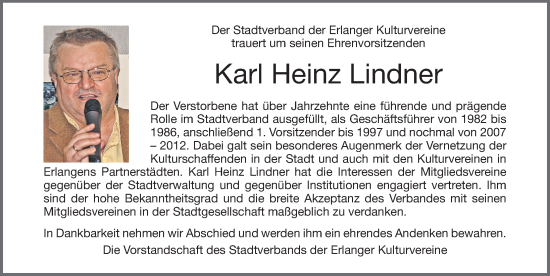 Traueranzeige von Karl Heinz Lindner von Erlanger Nachrichten Lokal