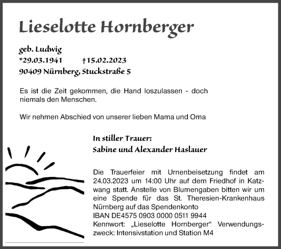 Traueranzeige von Lieselotte Hornberger von Gesamtausgabe Nürnberger Nachrichten/ Nürnberger Ztg.