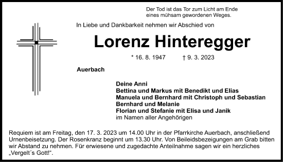 Traueranzeige von Lorenz Hinteregger von Nordbayerische Nachrichten Pegnitz Lokal