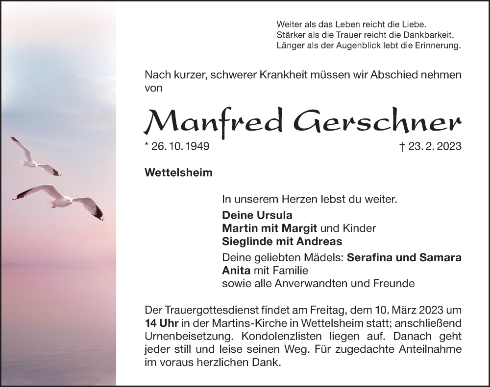  Traueranzeige für Manfred Gerschner vom 08.03.2023 aus Weißenburger Tagblatt u.Treuchtlinger Kurier Lokal