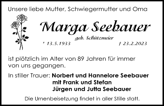 Traueranzeige von Marga Seebauer von Gesamtausgabe Nürnberger Nachrichten/ Nürnberger Ztg./ Erlanger Nachrichten