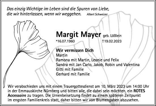 Traueranzeige von Margit Mayer von Gesamtausgabe Nürnberger Nachrichten/ Nürnberger Ztg.