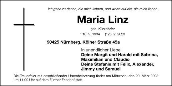 Traueranzeige von Maria Linz von Fürther Nachrichten Lokal