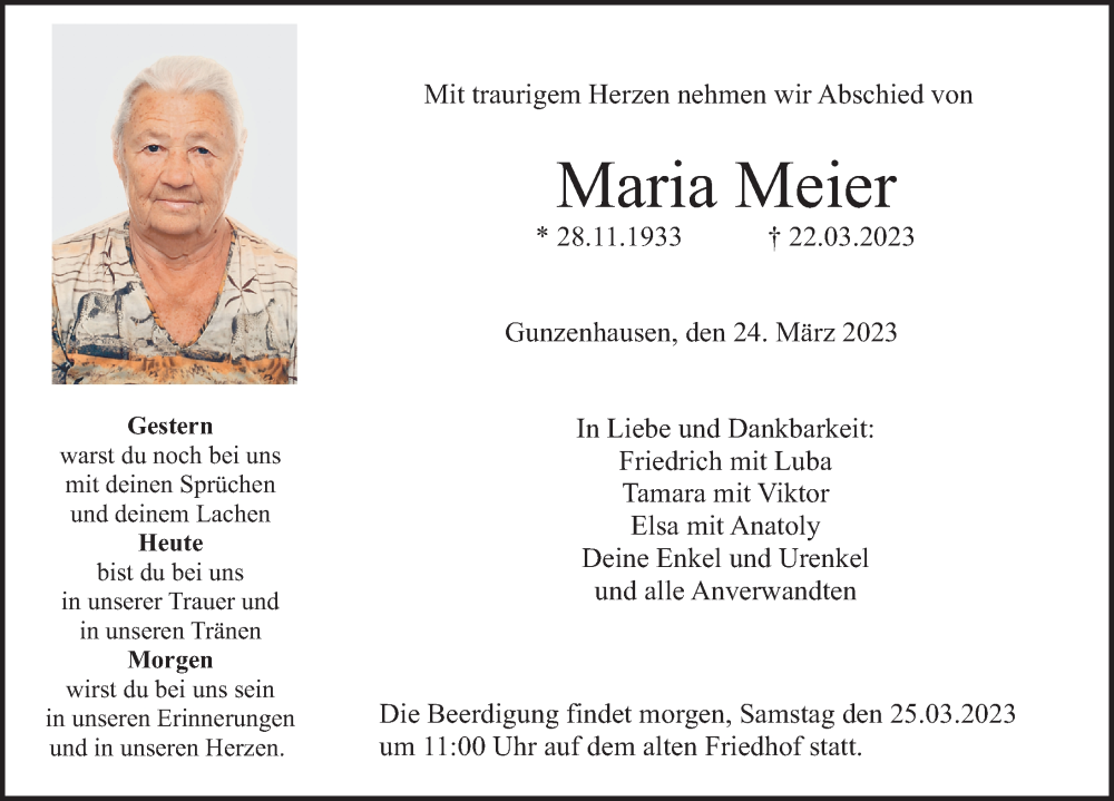  Traueranzeige für Maria Meier vom 24.03.2023 aus Altmühl-Bote Lokal