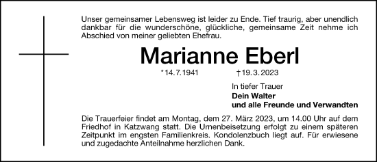 Traueranzeige von Marianne Eberl von Gesamtausgabe Nürnberger Nachrichten/ Nürnberger Ztg.