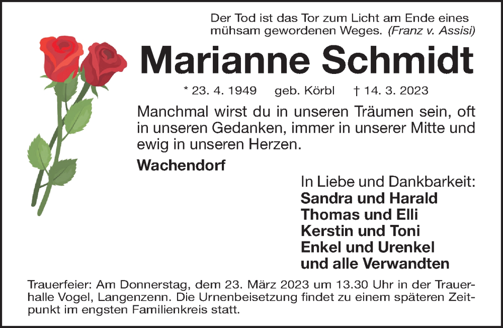  Traueranzeige für Marianne Schmidt vom 18.03.2023 aus Fürther Nachrichten Lokal