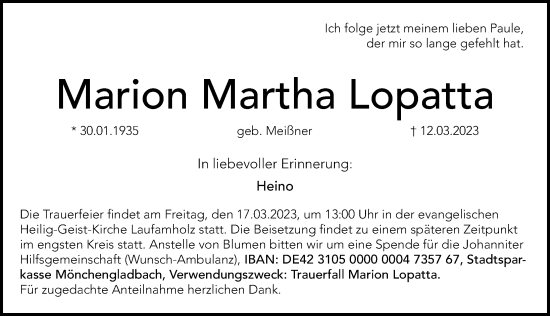 Traueranzeige von Marion Lopatta von Gesamtausgabe Nürnberger Nachrichten/ Nürnberger Ztg.