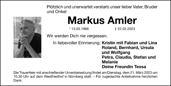 Traueranzeige von Markus Amler von Gesamtausgabe Nürnberger Nachrichten/ Nürnberger Ztg.
