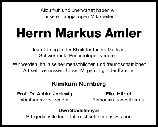 Traueranzeige von Markus Amler von Gesamtausgabe Nürnberger Nachrichten/ Nürnberger Ztg.