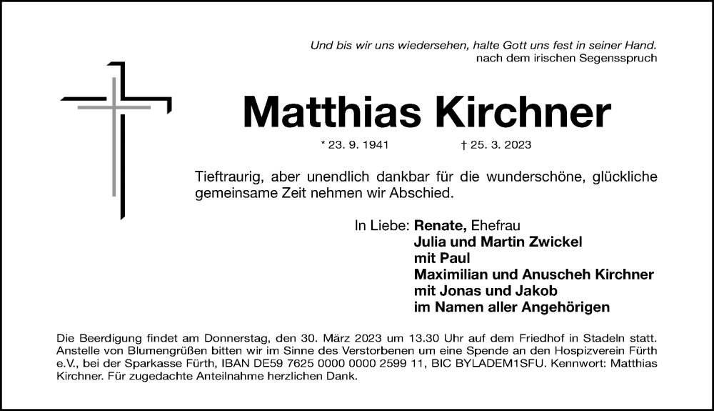  Traueranzeige für Matthias Kirchner vom 28.03.2023 aus Gesamtausgabe Nürnberger Nachrichten/ Nürnberger Ztg.