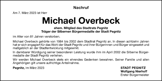 Traueranzeige von Michael Overbeck von Nordbayerische Nachrichten Pegnitz Lokal