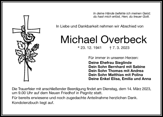 Traueranzeige von Michael Overbeck von Nordbayerische Nachrichten Pegnitz Lokal