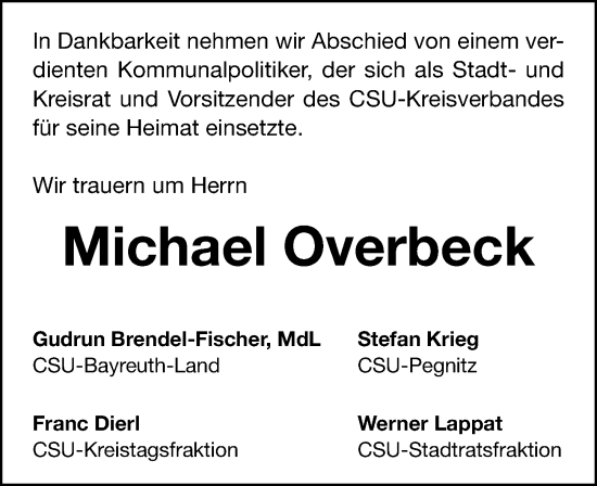 Traueranzeige von Michael Overbeck von Nordbayerische Nachrichten Pegnitz Lokal