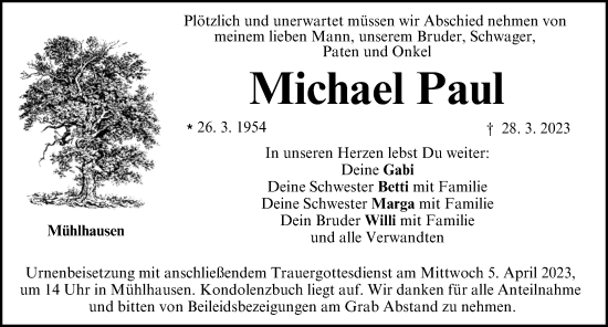 Traueranzeige von Michael Paul von Nordbayerische Nachrichten Herzogenaurach Lokal