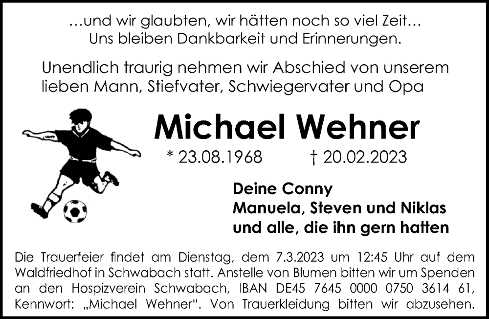  Traueranzeige für Michael Wehner vom 04.03.2023 aus Gesamtausgabe Nürnberger Nachrichten/ Nürnberger Ztg.