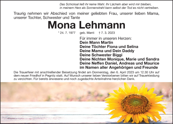 Traueranzeige von Mona Lehmann von Nordbayerische Nachrichten Pegnitz Lokal