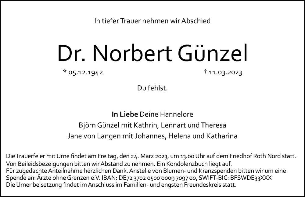  Traueranzeige für Norbert Günzel vom 18.03.2023 aus Roth-Hilpoltsteiner Volkszeitung Lokal