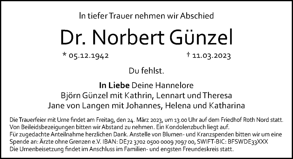  Traueranzeige für Norbert Günzel vom 18.03.2023 aus Gesamtausgabe Nürnberger Nachrichten/ Nürnberger Ztg.