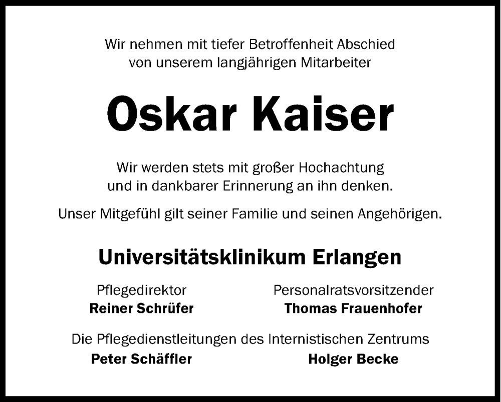  Traueranzeige für Oskar Kaiser vom 18.03.2023 aus Erlanger Nachrichten Lokal