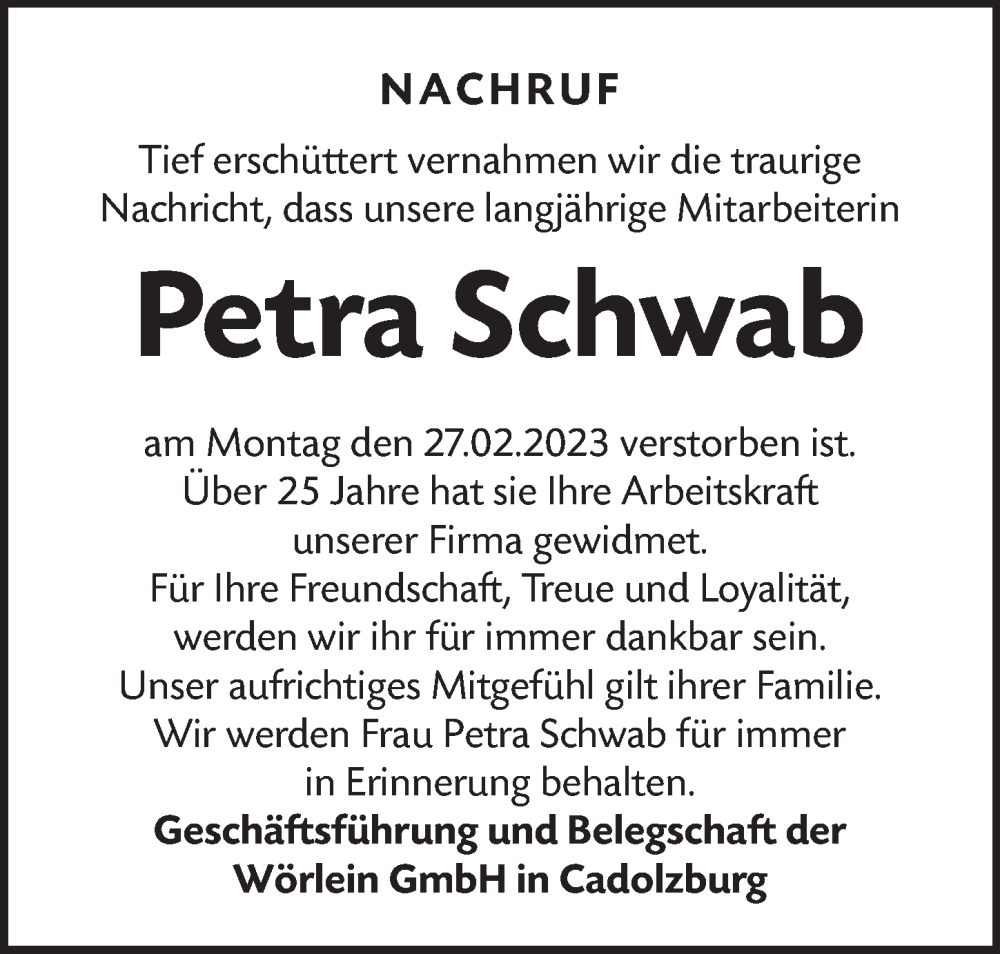  Traueranzeige für Petra Schwab vom 11.03.2023 aus Fürther Nachrichten Lokal