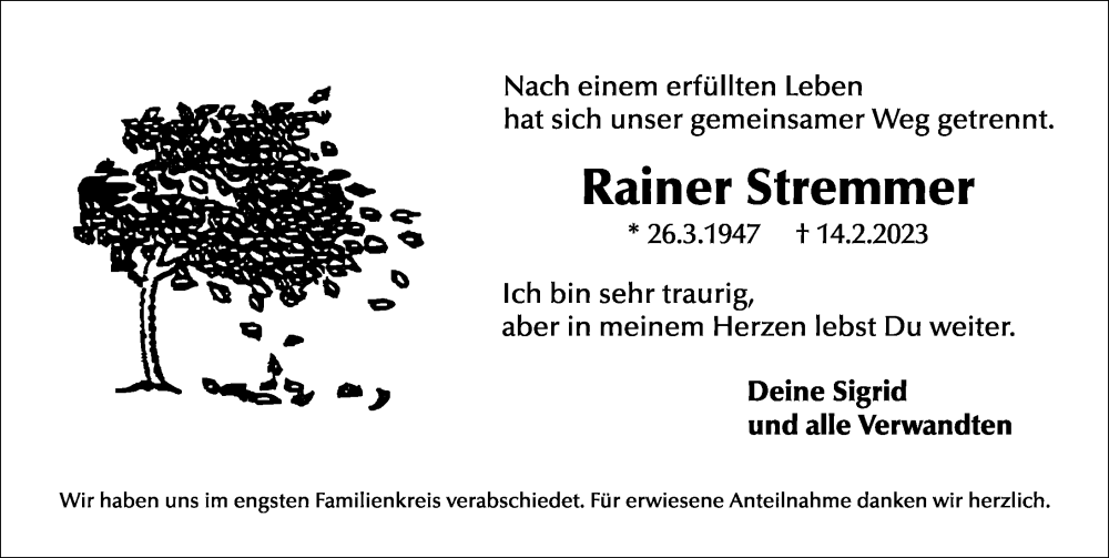  Traueranzeige für Rainer Stremmer vom 08.03.2023 aus Gesamtausgabe Nürnberger Nachrichten/ Nürnberger Ztg.