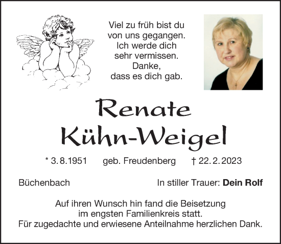 Traueranzeige von Renate Kühn-Weigel von Schwabacher Tagblatt Lokal