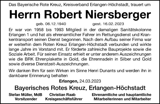 Traueranzeige von Robert Niersberger von Erlanger Nachrichten Lokal