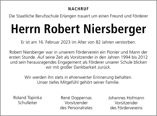 Traueranzeige von Robert Niersberger von Erlanger Nachrichten Lokal