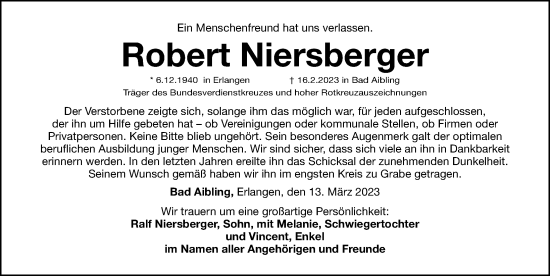 Traueranzeige von Robert Niersberger von Erlanger Nachrichten Lokal