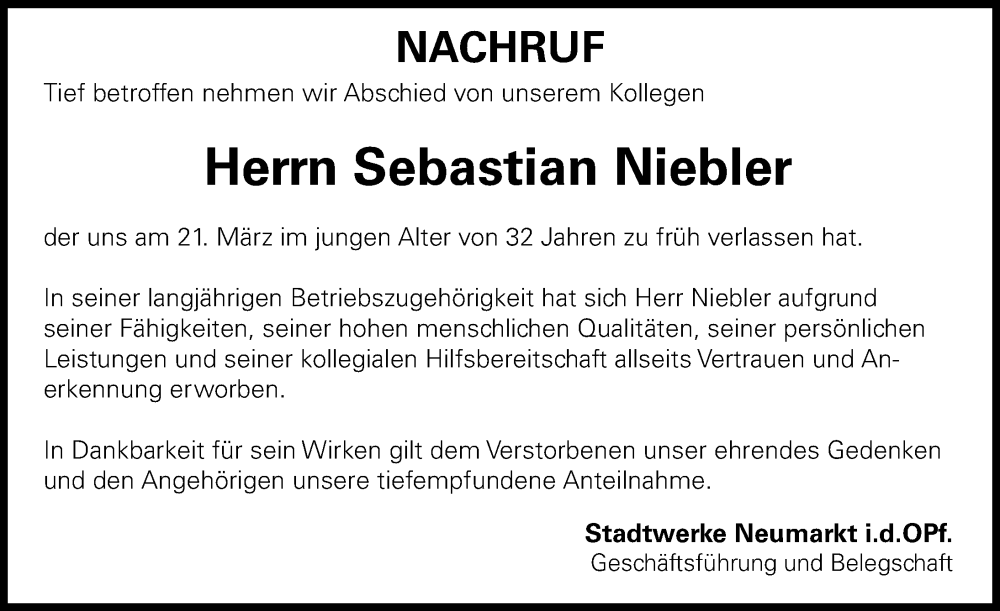  Traueranzeige für Sebastian Niebler vom 23.03.2023 aus Neumarkter Nachrichten Lokal